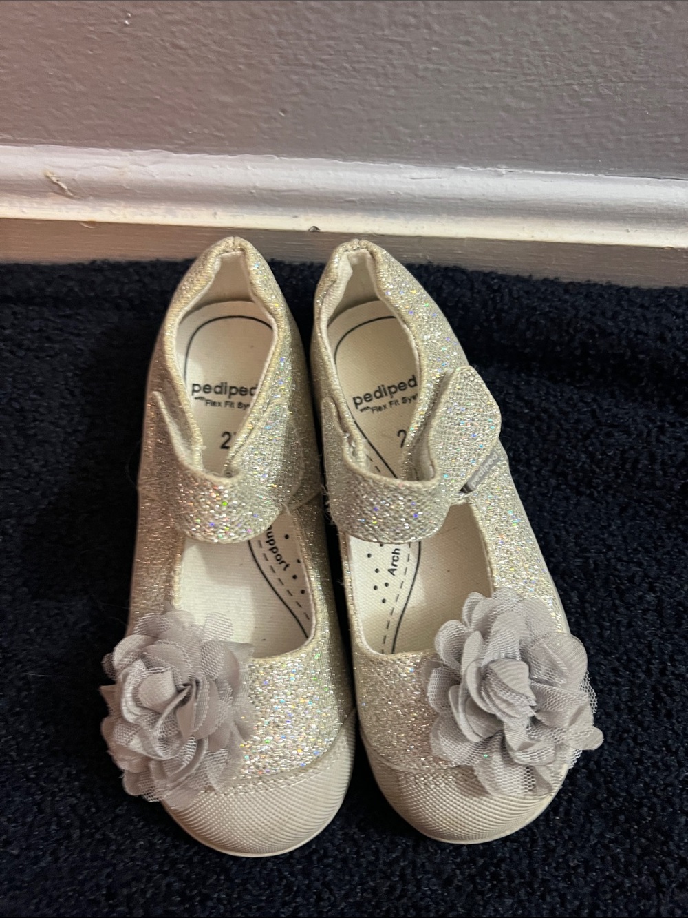 pediped Sparkling Silver Mary Jane with Floral Accent